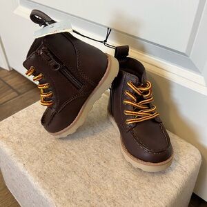 Brown Boys Faux Leather Boots  Yellow Laces Gorpcore Utility Workboots Zip-Up